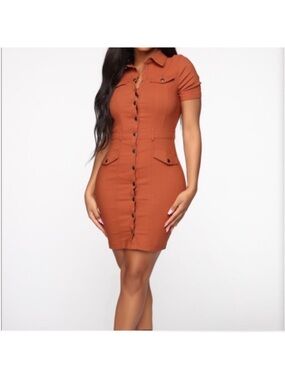 Fashion Nova Rust Button-Front Shirt Dress